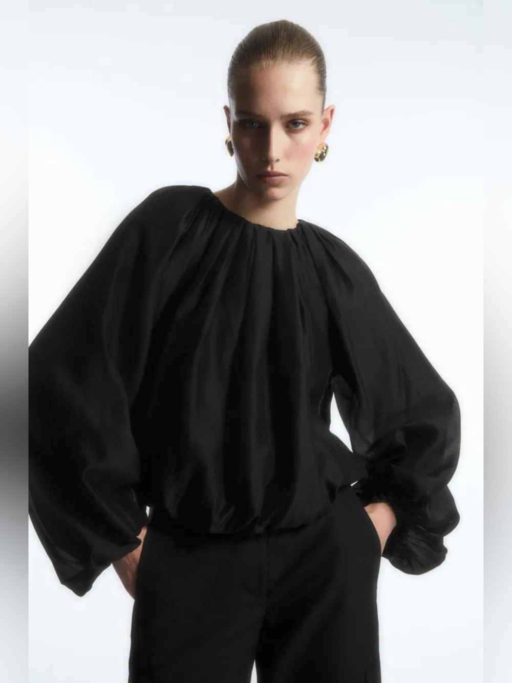 COS Black Parachute Blouse Voluminous Balloon Sleeve Gathered Neck Oversized Top
